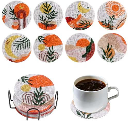 8Pcs Plant Diamond Painting Coaster Kits Adults Beginners, 10 x 10cm Non-Slip Round Diamond Art Coasters Kits with Holder for Cups Mug Glass