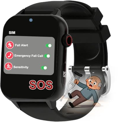 Axrrl Montre Alarme Personnelle pour Personnes Âgées, Montre pour Seniors Indépendants avec SOS Alerte Chute GPS À Offrir Aux Parents,Noir,1.9 * 1.6 inch