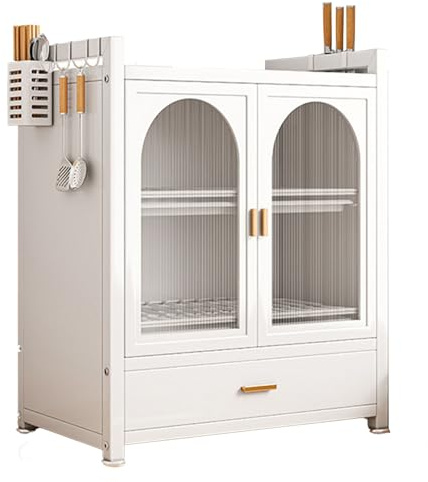 Escurreplatos de mesa, armario de cocina, armario de encimera con cajón, escurridor de platos para encimera de cocina con estante extraíble para platos (blanco, tres niveles con cajón)