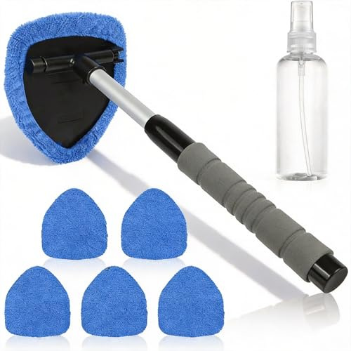 toijnhtk Car Windscreen Cleaner 6Pcs Triangle Window Cleaning Kit, Extendable Long Handle with 5 Reusable Microfiber Pads 1 Spray Bottle for Auto Home Office Glass
