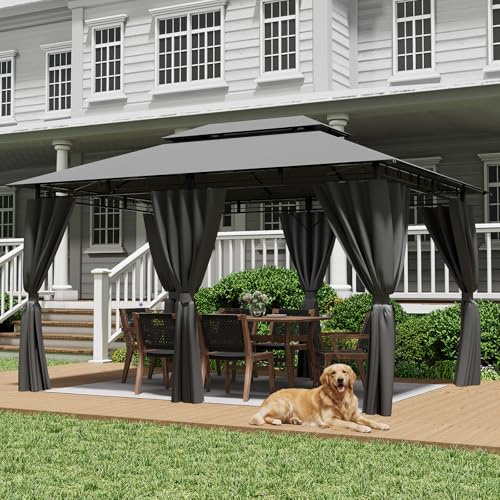 JUMMICO Garten Pavillon 3x4m Doppeldach, pavillon 3x3 wasserdicht stabil,Geeignet für Garten und Terrasse, mit verstärkten Bodenankern,Mit Vier Seitenwänden, schützt vor Sonne und Regen,Grau