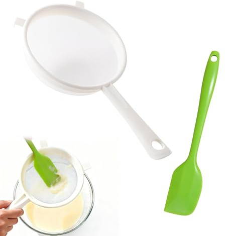 Sekfpnk Colador de plástico blanco con raspador de silicona verde, 14 cm de diámetro, apto para filtrar yogur, fruta, leche de soja y verduras