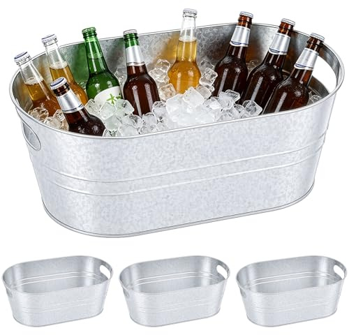 4 Pcs Galvanised Iron Ice Bucket, 15L Oval Silver Metal Drink Tub with Carry Handles, Suitable for Champagne, Cocktails, Wine Cooling, Bar Party & KTV Beverage Cooler