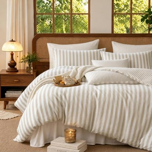 Lanqinglv Gestreift Bettwäsche 200x200 cm Taupe Wendebettwäsche Set aus Microfaser, Aesthetic Streifen ÖKO-TEX Bettwäsche Set - Bettbezug mit Reißverschluss und 2 Kissenbezug 80x80 cm