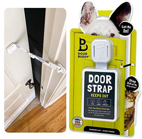 Door Buddy Verstellbarer Türriemen & Verschluss. Macht Katzenklos einfach hundesicher. Keine Haustiertore oder Katzentüren mehr. Bequemer Zutritt für Katzen & Erwachsene. Anbringen ohne Werkzeuge.