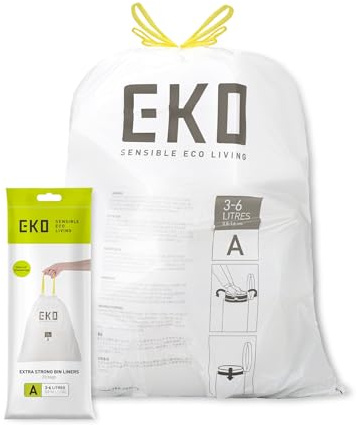 EKO Müllbeutel Größe A (3L- 6L), extra starke Müllsäcke mit Zugband für Küche und Bad, 30 Beutel, 1 Packung, weiß, klein, Geeignet für Mülleimer mit 3L, 4L, 5L, 6L