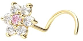 PIERCINGLINE 14 Karat oder 18 Karat Gold Nasenpiercing Spirale MOISSANIT-BLUME | Piercing Nase Stecker | Farbauswahl