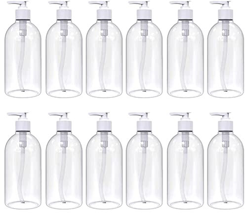 12 X Clear PET Empty Refillable Clear Bottles 500ml With Lotion Tops For Soap Gel Liquid Containers for Essential Oils, Cleaning Products, Shampoo, Lotions, Cream and more… Pack of 12, BPA Free