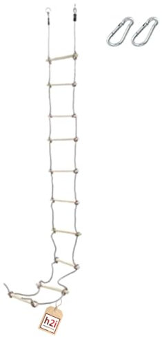 h2i Strickleiter für Kinder | Kletterleiter mit 10 Holzsprossen | Hängeleiter aus Holz | Seilleiter inkl. Karabiner | Outdoor Kletterspielzeug | Höhe 350 cm