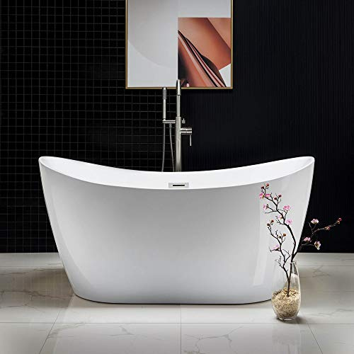 WOODBRIDGE 59 Acrylic Freestanding Bathtub Contemporary Soaking Tub with Brushed Nickel Overflow and Drain B-0016 -B/N-Drain &O
