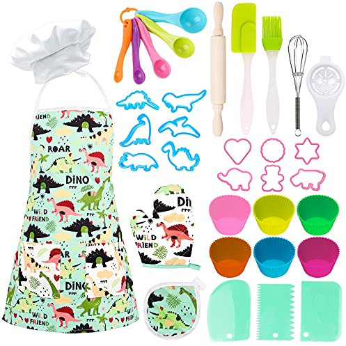 STAY GENT Set Da Chef Per Bambini 35 Pezzi, Reale Set Cucina Set Da Cucina e Da Forno, Grembiule Da Dinosauro, Gioco Di Ruolo Da Cuoco Giocattolo Da Cucina Regali Per Ragazzi Ragazze 3 4 5 6 7 8 Anni