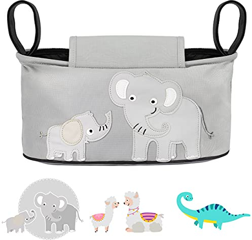 GLÜCKSWOLKE Kinderwagen Organizer - Kinderwagentasche - Elefant I Grau | 12 Motive Auswahl I Kinder Buggy Tasche mit Feuchttuchspender I Baby Zubehör Pushchair Pram I Organiser Aufbewahrung Bag Grey