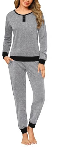 Nieery Pijamas Mujer Invierno Algodón Largo Conjunto Manga Larga Tops con puños Pantalones con puños y Bolsillo A-Gris S