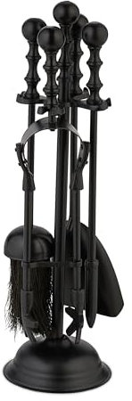 Relaxdays Kaminbesteck, 5-teiliges Set, Schürhaken, Ascheschaufel, Besen, Zange & Ständer, Kamingarnitur, schwarz