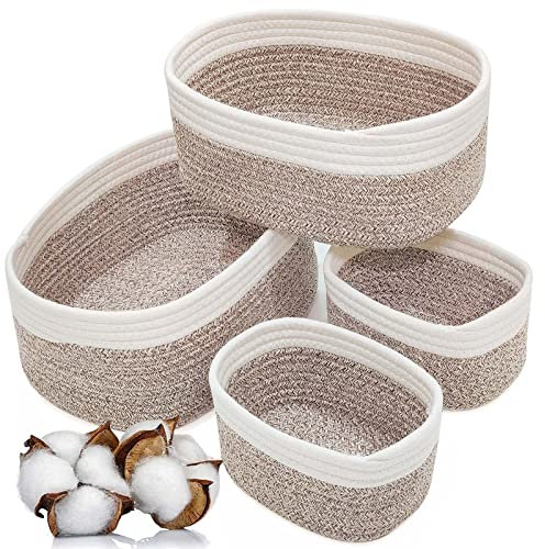 Aufbewahrungskorb Baumwollseil Geflochten 4er-Set,Körbe Aufbewahrung Bad Wickeltisch Organizer Flechtkorb,Stapelbare Mehrzweck-Organisations Behälter für Deko Kinderzimmer