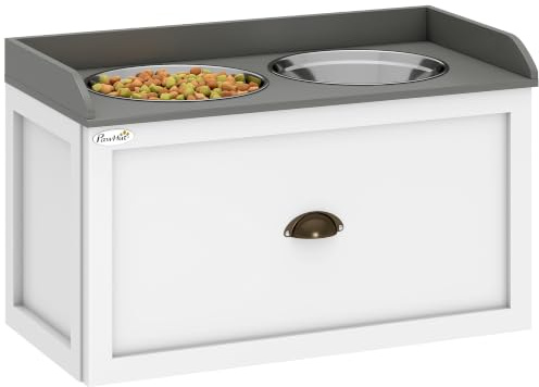 PawHut Gamelles Chiens Surélevées Tiroir 2 Bols Gamelles 2L Blanc | Porte-Gamelles Surélevé Chat Rangement 2 en 1, Acier Inox et Bois