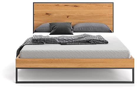 Danzz Bett aus massiver Eiche Frame, loftartig, modern mit Metallrahmen, 200x220 cm