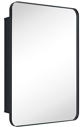 EGHOME Badezimmerschrank Badmöbel, Medizinschrank für Badezimmer, rechteckig, mit Spiegel, Edelstahl Metallrahmen, abgerundet, 61 x 76 cm, Schwarz