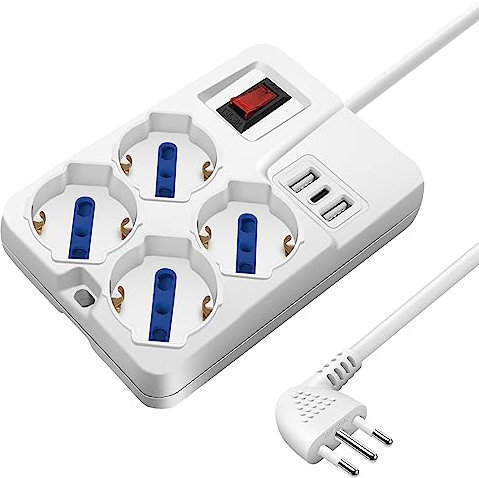 Mscien Ciabatta Multipresa con 3 USB, Multipresa Elettrica Presa da Scrivania con interruttore automatico di protezione 10A, 2500W, 4 Prese (10/16A Universali ITA/Schuko), 1.5 metri Cavo