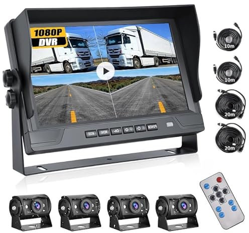CAMECHO Rückfahrkamera 4 Kameras, 9 Zoll 1080P 4 Geteilte DVR Monitor mit 4 Kameras+ Kabel 2 * 10m+2 * 20m, IP69 wasserdichte Nachtsichtkameras, Frontview Kameras für LKW Anhänger Wohnmobil Bus Van