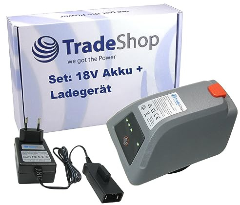 Trade-Shop 2in1 Set: Li-Ion Akku 18V / 2000mAh + Ladegerät inkl. Netzteil kompatibel mit Gardena 8025-20 Comfort Wand-Schlauchbox 35 Roll-up Automatic Li