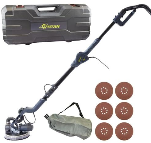 Titan Trockenbauschleifer PTSM80230LC - 850Watt Leistung, Ø225mm Grundplatte | 120° neigbar, teleskopierbarer Arm, Wand & Deckenschleifer | Absaugschlauch, Tragekoffer & 6 Schleifscheiben