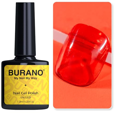 BURANO Jelly Gel Nail Polish, Sheer Hot Pink Green Red Blue Purple Orange Transparent, Translucent LED UV Gel Curing Requires (Red T10)