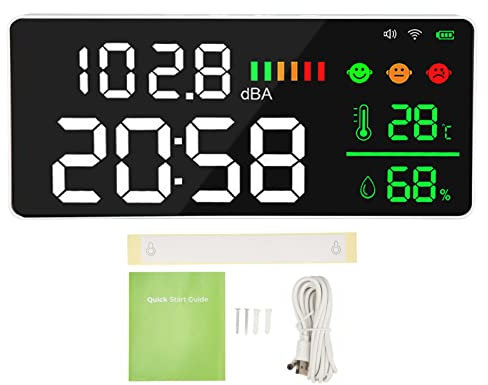 Glomora Misuratore di Decibel con Display a LED da 11 Pollici - Fonometro da Parete 5 in 1 con Temperatura, umidità, Orologio E Connettività WiFi