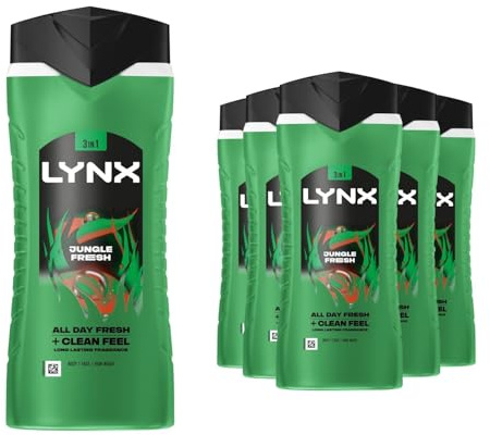 Lynx 3-in-1 Shower Gel Jungle Fresh 12 Hours of Long Lasting Refreshing Fragrance Body Wash with Plant-Based Moisturisers for Men for Naturally Soft Skin, 500ml Pack of 6