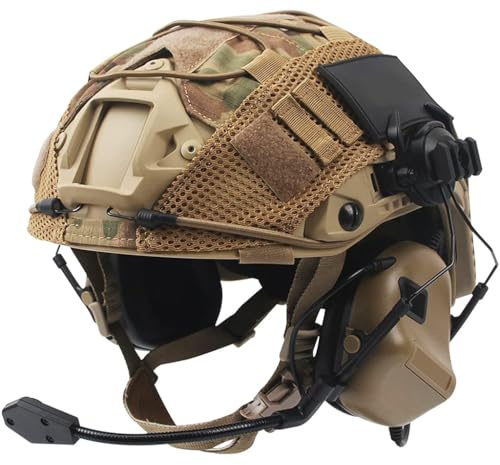 labzaa Airsoft Helm Set, Fast Helm Set mit Multicam Airsoft Helm Abdeckung & Militär Headset Adjustable Taktik Fast Protection Helm für Airsoft Paintball Outdoor Jagd A M
