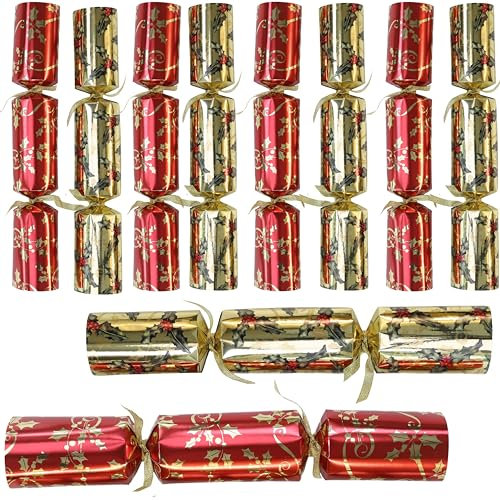 Toyland® 10 bomboniere per cene di Natale Regali deluxe Cappello da festa Scherzo 10 x 14 cracker (agrifoglio rosso e oro)