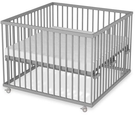 Sämann Laufstall Baby mit Lattenrost und Matratze SleepPlus | stufenlos höhenverstellbar | Laufgitter Premium | Babybett aus Holz | Krabbelgitter (grau, 100x100 cm)