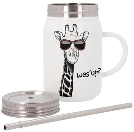 Tazza termica in acciaio inox con coperchio e cannuccia – Was'up giraffa per occhiali illustrazione disegno umoristico – 500 ml – Tazza termica