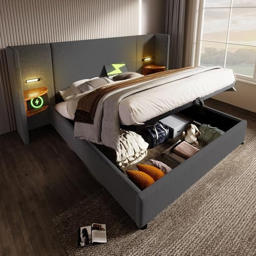 Polsterbett Doppelbett 160 × 200 cm mit Nachttisch, Leselampe und USB Type-C Ladefunktion, Bettanlage Stauraumbett Bettgestell mit Lattenrost aus Massivholz und Metall, Grau, Leinen(Ohne Matratze)
