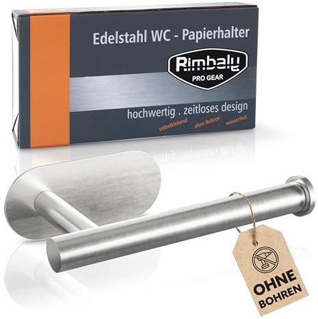 RIMBALY - Toilettenpapierhalter ohne Bohren, Klopapierhalter, 3M Selbstklebend aus Edelstahl – Rollenhalter – WC Papier Halterung – 16 x 10,3 x 4,5 cm