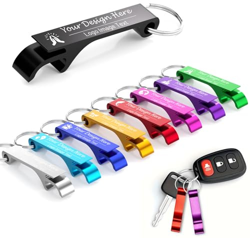 Shueewago 100 llaveros abrebotellas personalizados, abrebotellas de cerveza de aluminio personalizado para 9 colores, grabado tu propio texto/logotipo para recuerdos de boda, cervecería, bar,