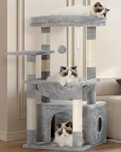Heybly Árbol para Rascarse de Gatos, Árbol con Cesto Extra Grande y Suave, Cama Espaciosa y Lugar de Dormir Escondido, Gris Claro HCT008SW
