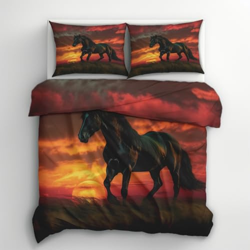 Generisch Bettwäsche Pferd 140x200, Sonnenuntergang Pferde Tier Motiv Wendebettwäsche & Deko, Weiche Microfaser Bettbezug mit Reißverschluss und 1 Kissenbezug 70x90, 2tlg - ASD2002