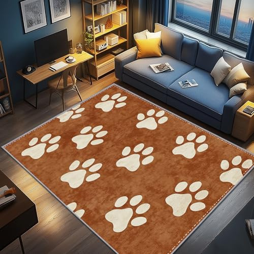 AevuCub Hundepfoten Deko, Hunde Beige Braun Teppich 60x90 Kurzflor, Kleiner Teppich Wohnzimmer Lustige Welpe, Weich rutschfest Waschbare Teppiche, Bettvorleger Schlafzimmer Kinderzimmer