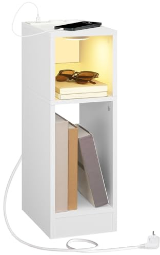 MAHANCRIS Tavolino con Stazione di Ricarica, Comodino con Luce LED, Tavolino da Caffè, Ideale per Piccoli Spazi, Soggiorno e Camera da Letto, Bianco AETWT25UE01