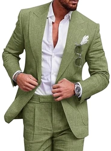 Costume 2 pièces pour hommes, en lin, un bouton, uni, avec veste et pantalon, idéal pour mariage, garçon d’honneur, bal, fête des anciens élèves, Vert, XL