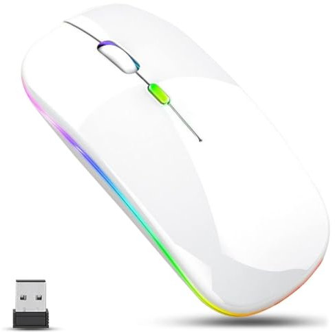 LED Wireless Mouse, 2.4G Portable USB Optical Wireless Cordless Mice with USB Receiver | 1600 DPI with 6 Adjustment Levels Slim Silent Rechargeable Mouse, Noiseless Ergonomic Mice For Pc Mac (White)