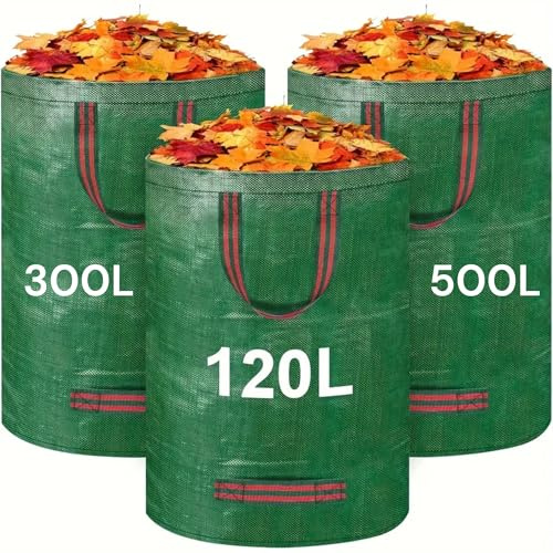 Garden Waste Bags - 120 300 & 500 Litres 3 Sacks - PREMIUM GRADE - Industrial Fabric and Heavy Duty Handles - Heavy Duty Garden/Green Waste Sacks 3 Pack