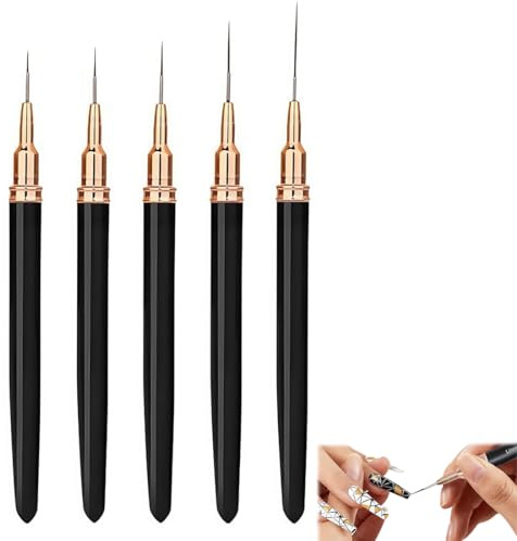 JRYXDS 5 Pièces Pinceaux Liner Ultra Fin,Pinceaux Pour Nail Art,Ultra Fin Nail Art Liner Brushes Avec Manche En Métal,Pour Brosses French Set, Nail Art, French Manucure (7/9/11/15/25 Mm)