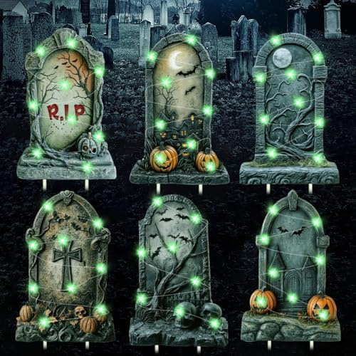 Grabstein Halloween, 6 Stück Deko Grabstein mit 6 Stück 3M Lichterkette, Halloween Deko Outdoor XXL, RIP Grabstein-Deko, Leuchtende Grabstein Helloween Decoration für Garten, Yard, Party