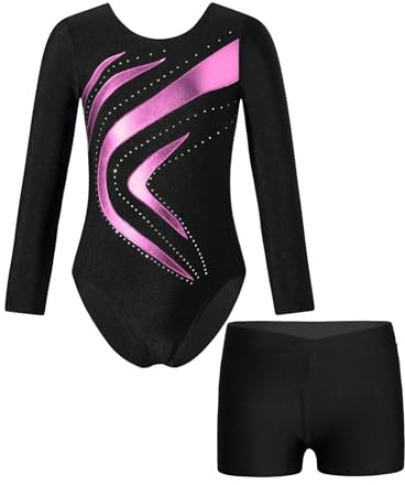 Monduelle Flick-gymnastikdräkt långärmad gymnastikdräkt med shorts, metallisk balettdräkt, balettrikå, leotard, tävling, danskostym, ROSA, 122-128