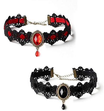 FangBoJie 2 Stück Gothic-Halsketten,Schwarz Rot Spitzenhalsketten,Steampunk | Halskette Choker,Retro-Edelstein-Halsketten Kristall Anhänger Gotische Hohlblume Choker,Karneval Halloween Zubehör für Frauen