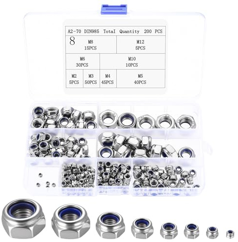 Juego de 200 tuercas hexagonales de acero inoxidable, tuercas autoblocantes, tuercas de bloqueo, tuercas de bloqueo, tuercas de bloqueo para tornillos de varilla roscada, M2, M3, M4, M5, M6, M8, M10
