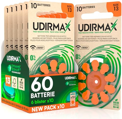 60 Batterien für Hörgeräte PR48 Größe 13 (Orange) Udirmax Zink-Luft 0% Quecksilber 1,45 V Eco Pack - 6 Eco Blister à 10 Batterien