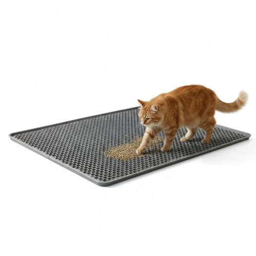 Pieviev Katzenklo Matte Rutschfester Katzenstreu Unterleger mit Waben-Design, Wasserdicht & Doppelschichtig für Saubere Böden, Extra Große Schmutzfangmatte Grau 60x45cm
